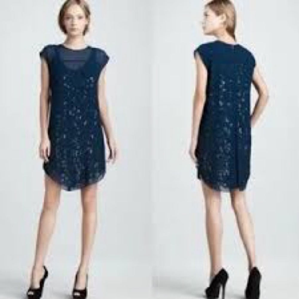 Rebecca Taylor Sequin Cap Sleeve Mini Dress with Sheer Overlay Navy Blue Size 4